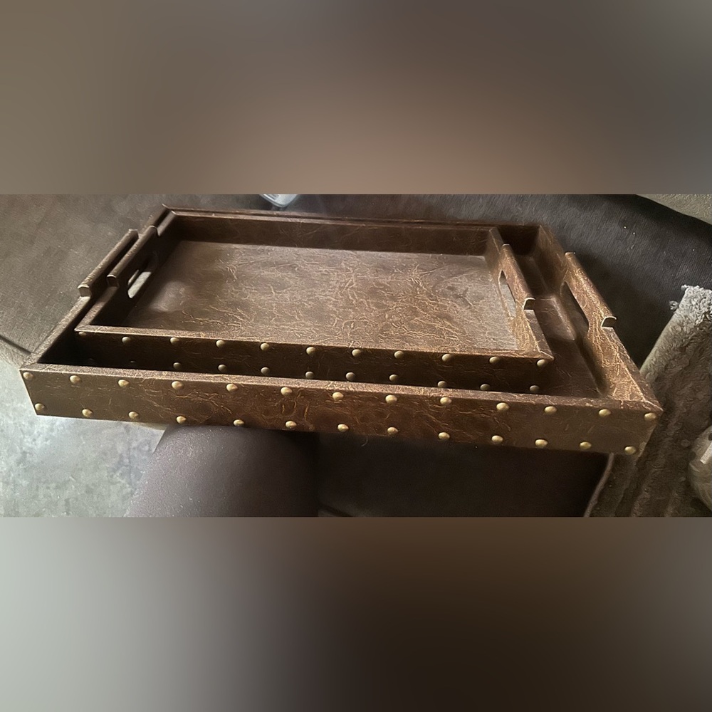 Brown Decorative Studded Storage Tray - Home Set of 2